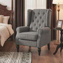 HOMCOM Linen Fabric Occasional Chair Wooden Frame Wingback Armchair with Thick Foam Cushion Accent Chair Living Room, Dark Grey - Aosom UK - thumbnail 8