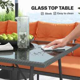 Outsunny 6 Piece Rattan Garden Furniture Set, 8 Seater Garden Corner Sofa with Cushions and Glass Top Table, Orange - thumbnail 7