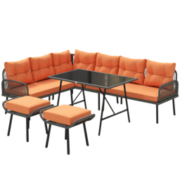Outsunny 6 Piece Rattan Garden Furniture Set, 8 Seater Garden Corner Sofa with Cushions and Glass Top Table, Orange - thumbnail 1