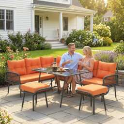 Outsunny 6 Piece Rattan Garden Furniture Set, 8 Seater Garden Corner Sofa with Cushions and Glass Top Table, Orange - thumbnail 8