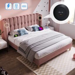 Upholstered Velvet Double Bed with USB and Type-C Charging Ports, Wooden Slatted Frame, Comfortable and Skin-Friendly Teenager Bed, Pink - Aosom UK - thumbnail 4
