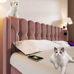 Upholstered Velvet Double Bed with USB and Type-C Charging Ports, Wooden Slatted Frame, Comfortable and Skin-Friendly Teenager Bed, Pink - Aosom UK - thumbnail 8
