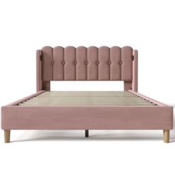 Upholstered Velvet Double Bed with USB and Type-C Charging Ports, Wooden Slatted Frame, Comfortable and Skin-Friendly Teenager Bed, Pink - Aosom UK - thumbnail 2