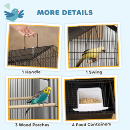 PawHut Metal Bird Cage with Plastic Swing, Perch, Food Container, Tray, Handle, for Finches, Canaries, 43 x 32.5 x 104cm - thumbnail 4