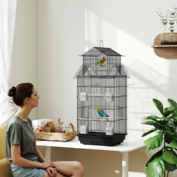 PawHut Metal Bird Cage with Plastic Swing, Perch, Food Container, Tray, Handle, for Finches, Canaries, 43 x 32.5 x 104cm - thumbnail 2