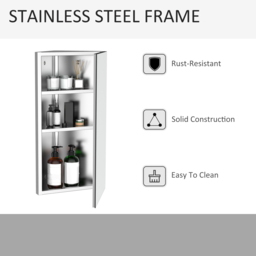 HOMCOM Stainless Mirror Cabinet, Steel Wall Mounted, Bathroom Corner Mirror Storage Cabinet, Single Door 300mm(W), Silver - Aosom UK - thumbnail 6