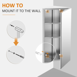HOMCOM Stainless Mirror Cabinet, Steel Wall Mounted, Bathroom Corner Mirror Storage Cabinet, Single Door 300mm(W), Silver - Aosom UK - thumbnail 7