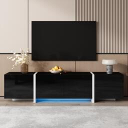 High-gloss Finish TV Cabinet with 3 Doors and 1 Drawer, Contrasting Base, TV Stand for Living Room, 170L x 29.5W x 40H cm, Black+White - Aosom UK - thumbnail 4