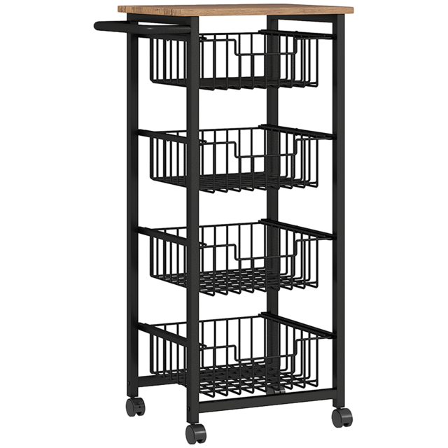 HOMCOM 4 Basket Mobile Kitchen Island with Brakes, Storage Cart with Oak/Black Finish for Kitchen - Aosom UK - image 1