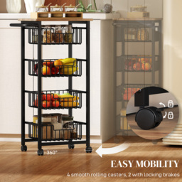 HOMCOM 4 Basket Mobile Kitchen Island with Brakes, Storage Cart with Oak/Black Finish for Kitchen - Aosom UK - thumbnail 5