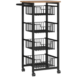 HOMCOM 4 Basket Mobile Kitchen Island with Brakes, Storage Cart with Oak/Black Finish for Kitchen - Aosom UK