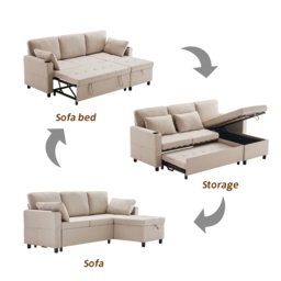 Linen Look L-Shaped Corner Sofa Bed with Storage, 3 Seater Convertible Settee with Cup Holders and Magazine Pockets, 212x141x87.5 cm, Beige - Aosom UK - thumbnail 5
