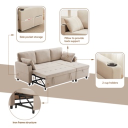 Linen Look L-Shaped Corner Sofa Bed with Storage, 3 Seater Convertible Settee with Cup Holders and Magazine Pockets, 212x141x87.5 cm, Beige - Aosom UK - thumbnail 6