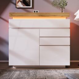 High-Gloss Sideboard Cabinet with Drawers and Doors, LED Lighting Chest of Drawers for Living Room, Hallway, 110L x 39W x 115H cm, White - Aosom.UK - thumbnail 9