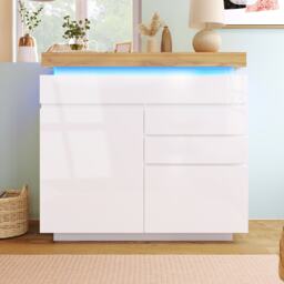 High-Gloss Sideboard Cabinet with Drawers and Doors, LED Lighting Chest of Drawers for Living Room, Hallway, 110L x 39W x 115H cm, White - Aosom.UK