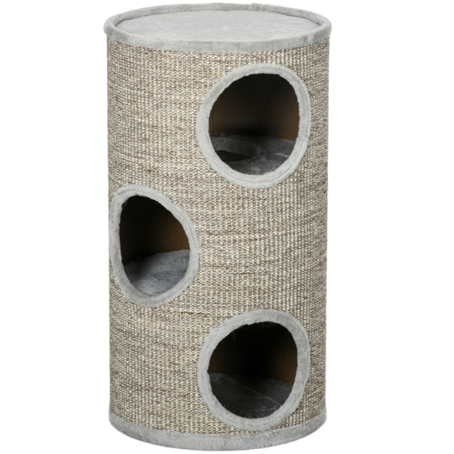 PawHut Cat Tree Barrel, Kitten Climbing Tower, Indoor Sisal Covered, Cosy Platform, Light Grey - Aosom UK - image 1