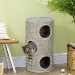 PawHut Cat Tree Barrel, Kitten Climbing Tower, Indoor Sisal Covered, Cosy Platform, Light Grey - Aosom UK - thumbnail 9