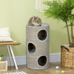 PawHut Cat Tree Barrel, Kitten Climbing Tower, Indoor Sisal Covered, Cosy Platform, Light Grey - Aosom UK - thumbnail 2