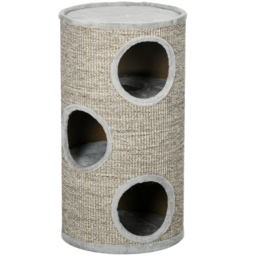 PawHut Cat Tree Barrel, Kitten Climbing Tower, Indoor Sisal Covered, Cosy Platform, Light Grey - Aosom UK