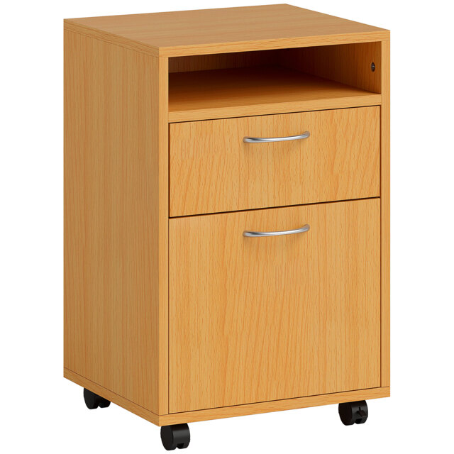 HOMCOM 60cm Filing Cabinet with Drawer, Open Shelf, Metal Handles and 4 Wheels, Office Home Organiser Mobile Printer, Natural Wood Finish - image 1