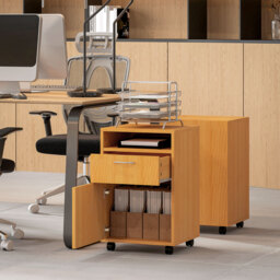 HOMCOM 60cm Filing Cabinet with Drawer, Open Shelf, Metal Handles and 4 Wheels, Office Home Organiser Mobile Printer, Natural Wood Finish - thumbnail 9