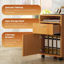 HOMCOM 60cm Filing Cabinet with Drawer, Open Shelf, Metal Handles and 4 Wheels, Office Home Organiser Mobile Printer, Natural Wood Finish - thumbnail 4
