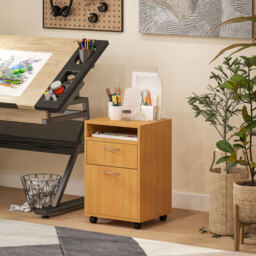HOMCOM 60cm Filing Cabinet with Drawer, Open Shelf, Metal Handles and 4 Wheels, Office Home Organiser Mobile Printer, Natural Wood Finish - thumbnail 8