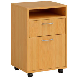 HOMCOM 60cm Filing Cabinet with Drawer, Open Shelf, Metal Handles and 4 Wheels, Office Home Organiser Mobile Printer, Natural Wood Finish