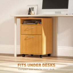 HOMCOM 60cm Filing Cabinet with Drawer, Open Shelf, Metal Handles and 4 Wheels, Office Home Organiser Mobile Printer, Natural Wood Finish - thumbnail 5