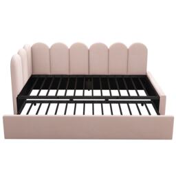 3ft Upholstered Daybed with Pull-Out Bed, Velvet Fabric, Easy Installation, Single Sofa Bed with Slatted Frame, 193L x 97W x 76H cm, Pink - Aosom UK - thumbnail 2