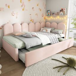 3ft Upholstered Daybed with Pull-Out Bed, Velvet Fabric, Easy Installation, Single Sofa Bed with Slatted Frame, 193L x 97W x 76H cm, Pink - Aosom UK