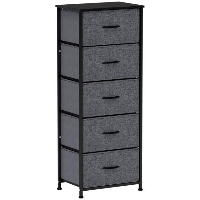 HOMCOM Fabric Chest of Drawers, Storage Drawers, Industrial Bedroom Dresser with 5 Fabric Drawers, Steel Frame and Wooden Top for Nursery, Living Room, Hallway, Dark Grey - image 1