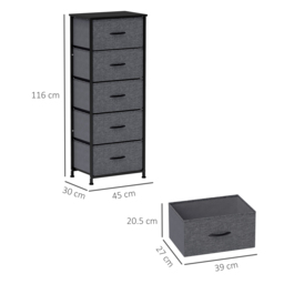 HOMCOM Fabric Chest of Drawers, Storage Drawers, Industrial Bedroom Dresser with 5 Fabric Drawers, Steel Frame and Wooden Top for Nursery, Living Room, Hallway, Dark Grey - thumbnail 3