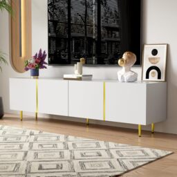 High-gloss TV Cabinet with 4 Soft-close Doors, Generous MDF Storage, Durable TV Stand for Elegant Living Room, 170L x 35W x 46H cm, White - Aosom UK