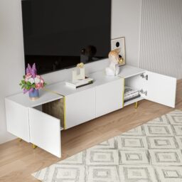 High-gloss TV Cabinet with 4 Soft-close Doors, Generous MDF Storage, Durable TV Stand for Elegant Living Room, 170L x 35W x 46H cm, White - Aosom UK - thumbnail 5