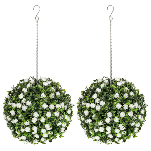 HOMCOM Set of 2 Decorative Artificial Plants, UV-protected Artificial Plant Topiary Rose Balls, Fake Plants for Home Indoor outdoor Decor, 28cm, White - image 1