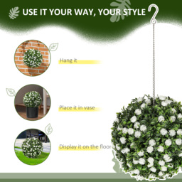 HOMCOM Set of 2 Decorative Artificial Plants, UV-protected Artificial Plant Topiary Rose Balls, Fake Plants for Home Indoor outdoor Decor, 28cm, White - thumbnail 6