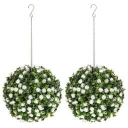HOMCOM Set of 2 Decorative Artificial Plants, UV-protected Artificial Plant Topiary Rose Balls, Fake Plants for Home Indoor outdoor Decor, 28cm, White - thumbnail 1