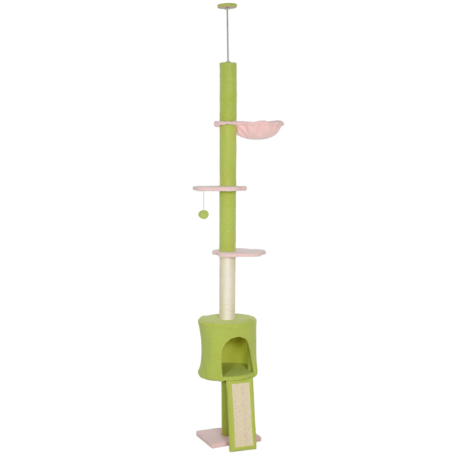 PawHut 220-240 cm Floor to Ceiling Cat Tree Adjustable Height with Hammock, Condo, Scratching Posts, Green - image 1