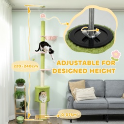 PawHut 220-240 cm Floor to Ceiling Cat Tree Adjustable Height with Hammock, Condo, Scratching Posts, Green - thumbnail 4