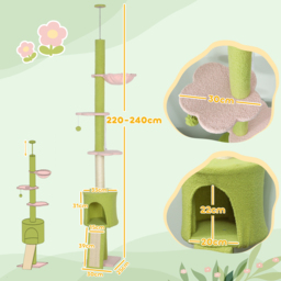 PawHut 220-240 cm Floor to Ceiling Cat Tree Adjustable Height with Hammock, Condo, Scratching Posts, Green - thumbnail 3