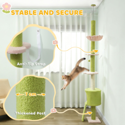 PawHut 220-240 cm Floor to Ceiling Cat Tree Adjustable Height with Hammock, Condo, Scratching Posts, Green - thumbnail 7