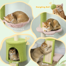 PawHut 220-240 cm Floor to Ceiling Cat Tree Adjustable Height with Hammock, Condo, Scratching Posts, Green - thumbnail 5