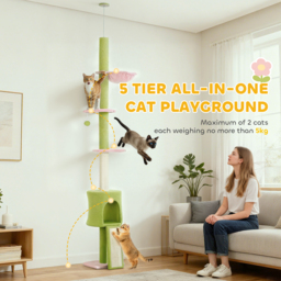 PawHut 220-240 cm Floor to Ceiling Cat Tree Adjustable Height with Hammock, Condo, Scratching Posts, Green - thumbnail 6