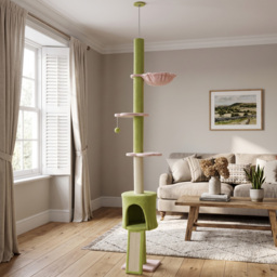 PawHut 220-240 cm Floor to Ceiling Cat Tree Adjustable Height with Hammock, Condo, Scratching Posts, Green - thumbnail 9