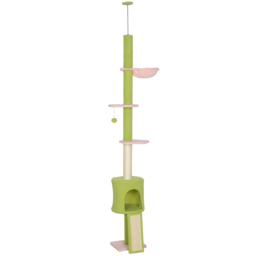 PawHut 220-240 cm Floor to Ceiling Cat Tree Adjustable Height with Hammock, Condo, Scratching Posts, Green - thumbnail 1