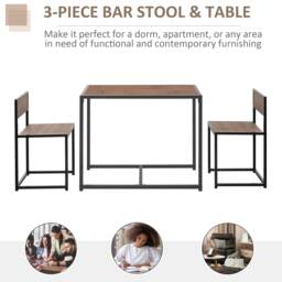 HOMCOM 3 Pcs Dining Table and Chairs Set w/ Industrial Design, Steel Frame, MDF Panels, Table Set for Living Room, Bar, Rustic Brown - Aosom UK - thumbnail 5