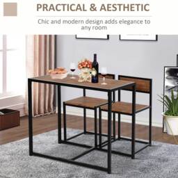 HOMCOM 3 Pcs Dining Table and Chairs Set w/ Industrial Design, Steel Frame, MDF Panels, Table Set for Living Room, Bar, Rustic Brown - Aosom UK - thumbnail 6