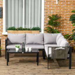 Outsunny 4 Piece Garden Furniture Set Metal Sofa Set w/ Tempered Glass Coffee Table, Conversational Corner Sofa Loveseat w/Padded Cushions Light Grey - Aosom UK - thumbnail 2