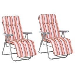 Outsunny Set of 2 Garden Sun Lounger Outdoor Reclining Seat Cushioned Seat Foldable Adjustable Recliner Orange and White